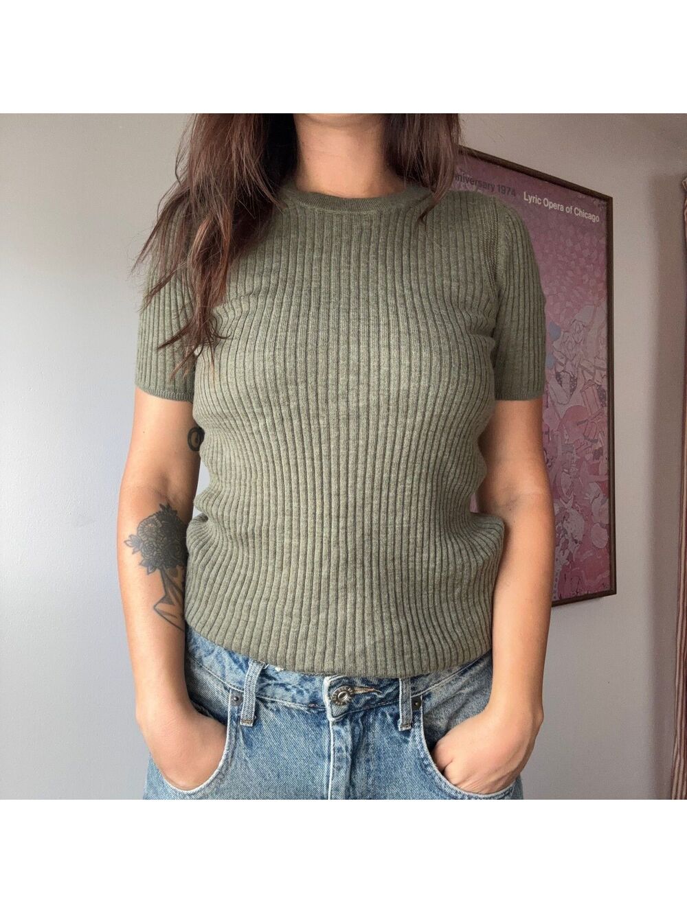 Banana Republic Women's 100% Merino Wool Olive Green Ribbed Short Sleeve Sweater